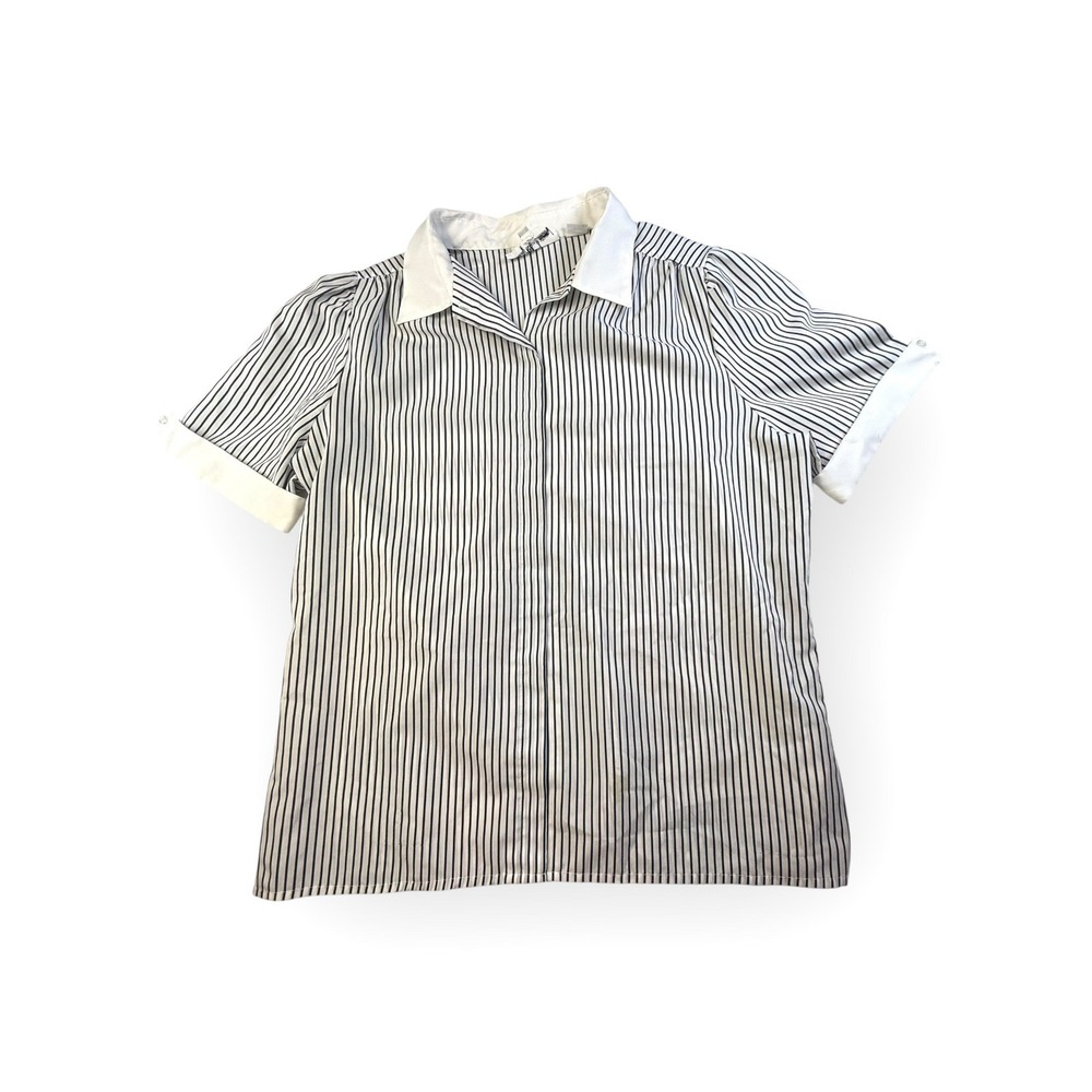 Vintage Lady Manhattan Striped Blouse White‎ Black Collar Puff Sleeve Shirt Top